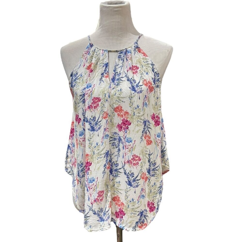 Lush Floral Halter Top, Keyhole Opening in Front, Tie Back Closure Size Small